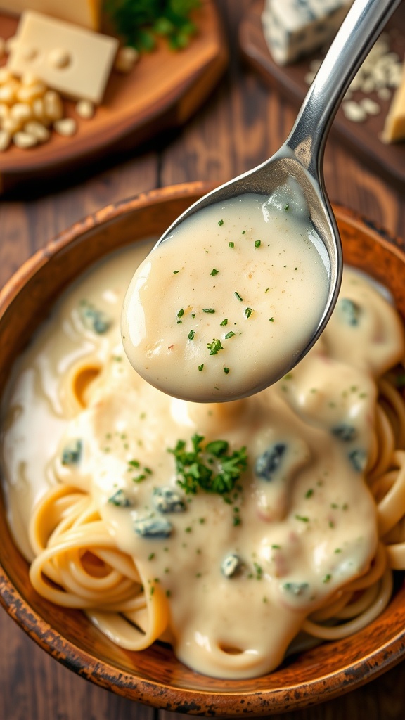Creamy three cheese sauce over pasta, garnished with parsley, on a wooden table.